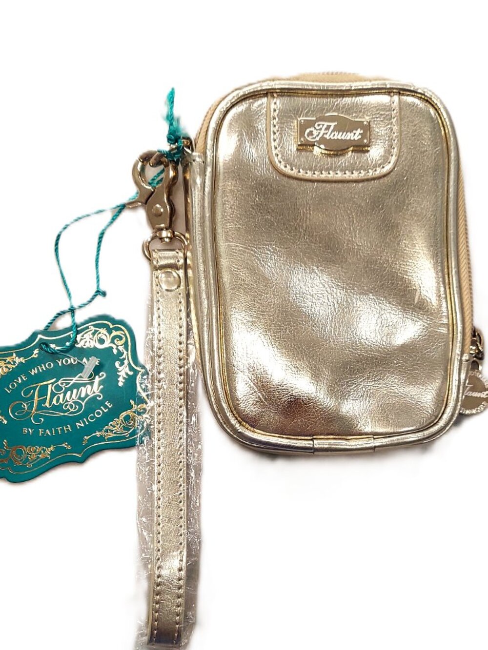 New Flaunt by Faith Nicole Wristlet purse w/ strap, gold w/pink interior NWT
